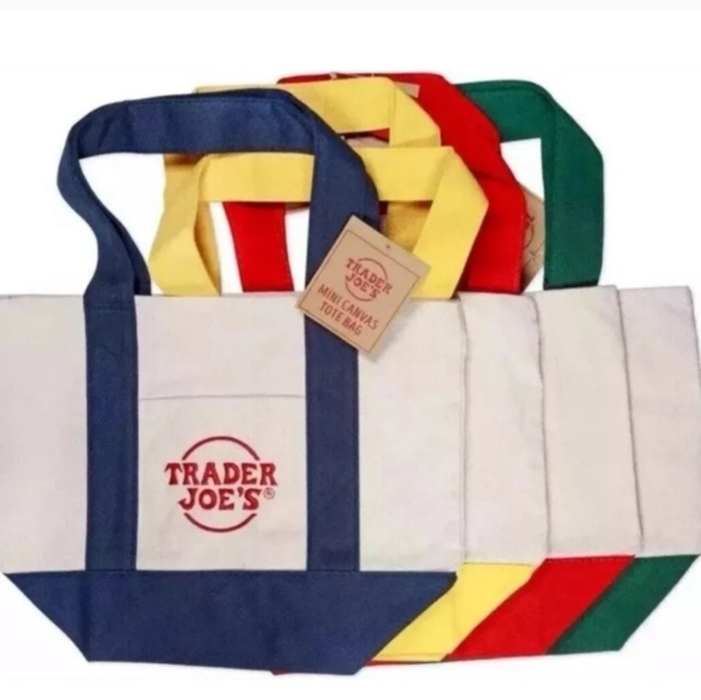 Trader Joe’s Mini Canvas Tote Bag Set Of 4 Red Green Yellow Blue Brand New NWT